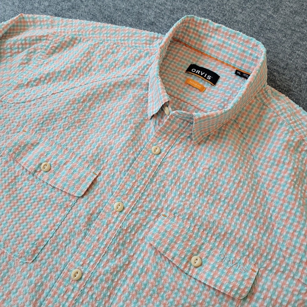 Orvis Shirt Men's XL Clearwater Seersucker Red Blue Pastel Plaid Western Pockets